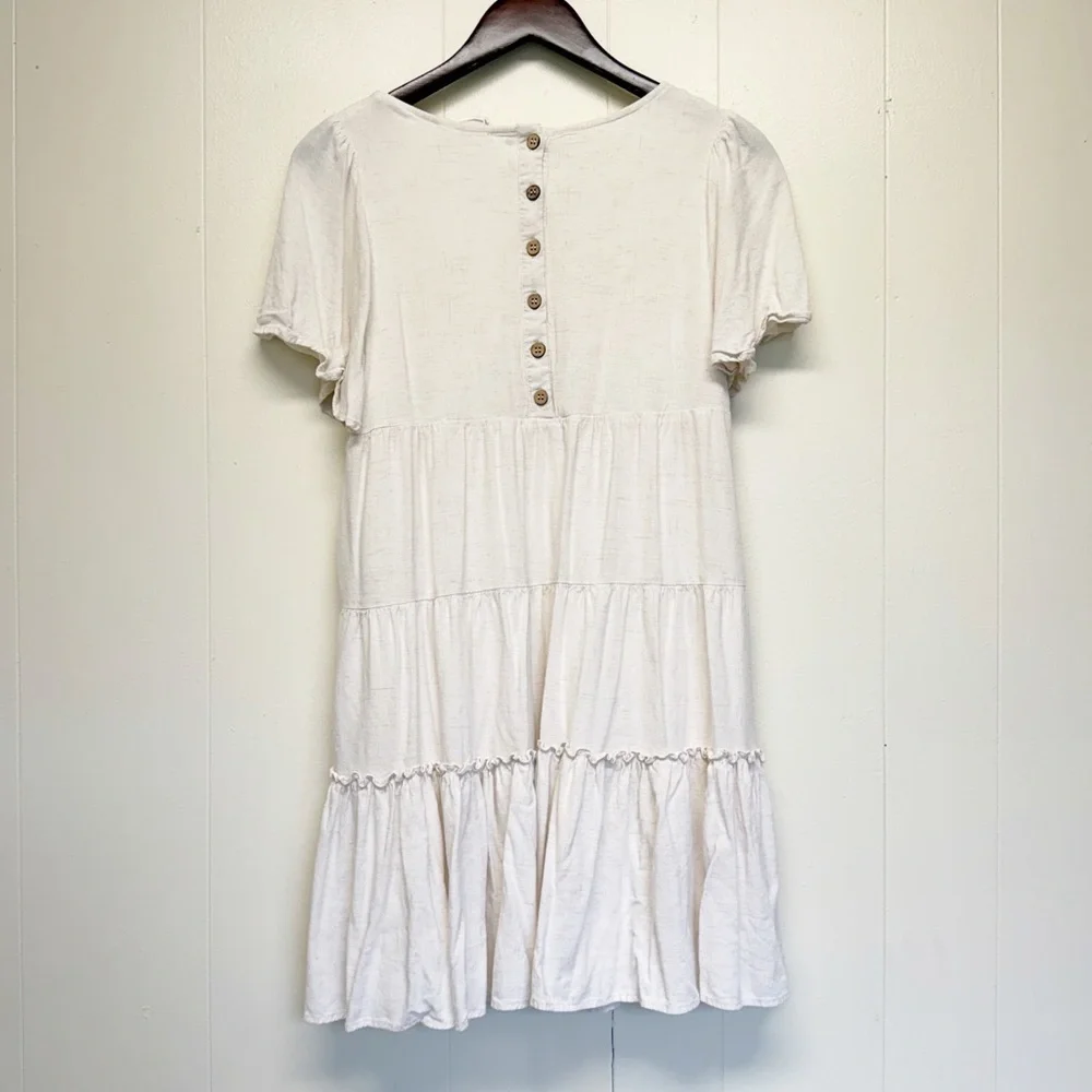 LOVERICHE Boho Ruffled Tiered Dress Oatmeal Short Sleeves Medium - Picture 5 of 6